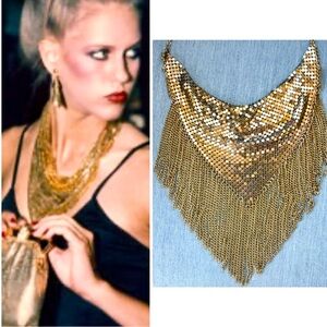 Vintage Gold Metal Mesh Fringe Statement Necklace